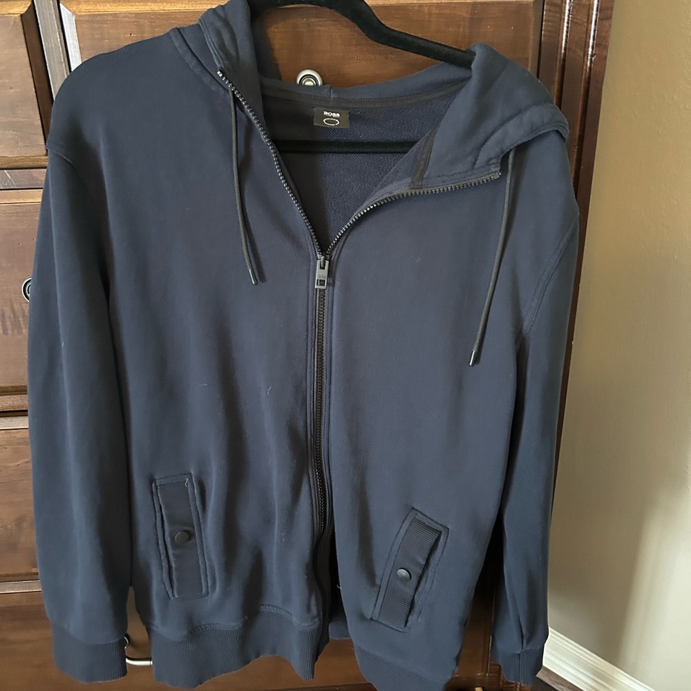 HUGO BOSS men’s Zipper Hooded / Hoodie Jacket NAVY size Large with Pockets!